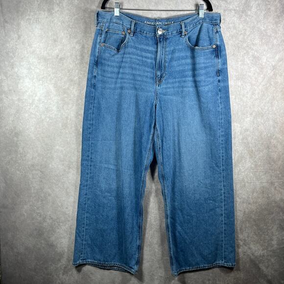 American Eagle Skater Jeans Womens 18 Blue Medium Wash Denim‎ Wide Leg Baggy - Picture 1 of 14